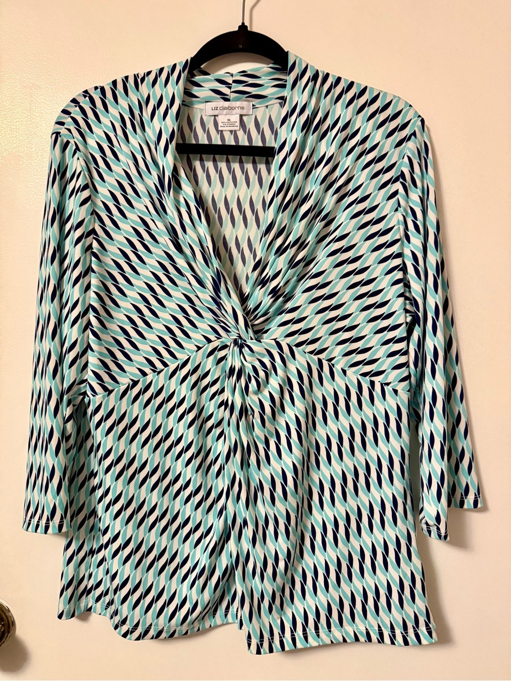 Liz Claiborne Aqua & Navy Twist-Front V-Neck Blouse XL